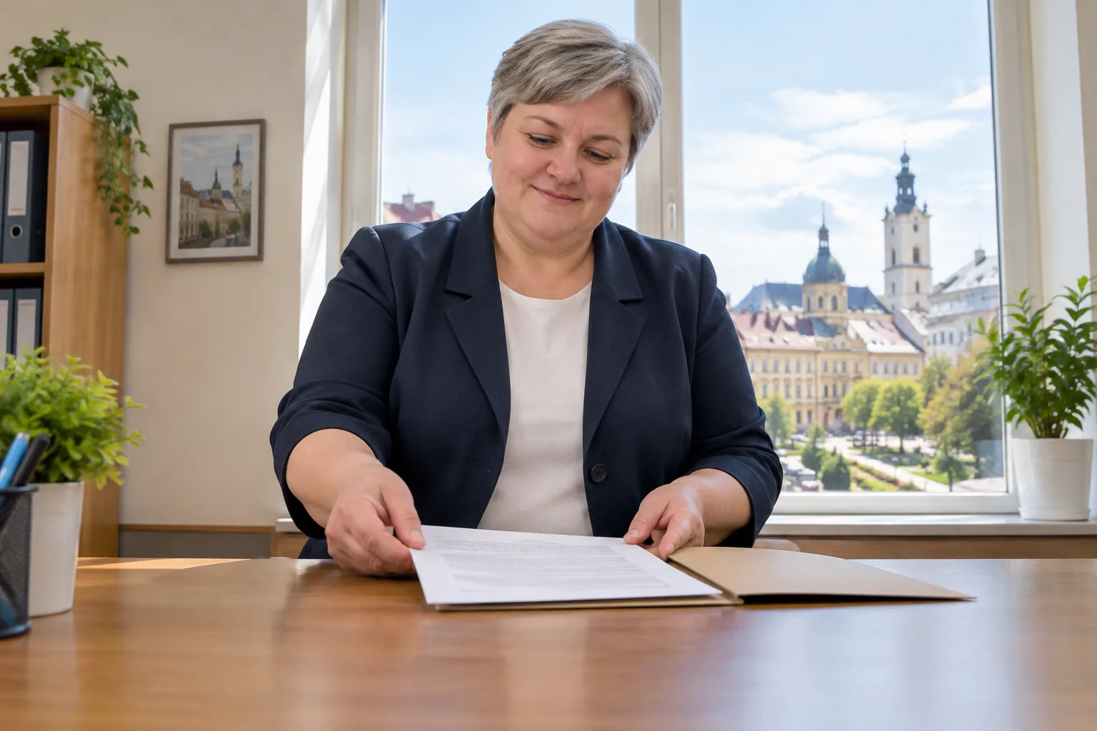 Перевірка документів у львівському офісі Жінка за столом переглядає документ біля вікна з видом на Львів
