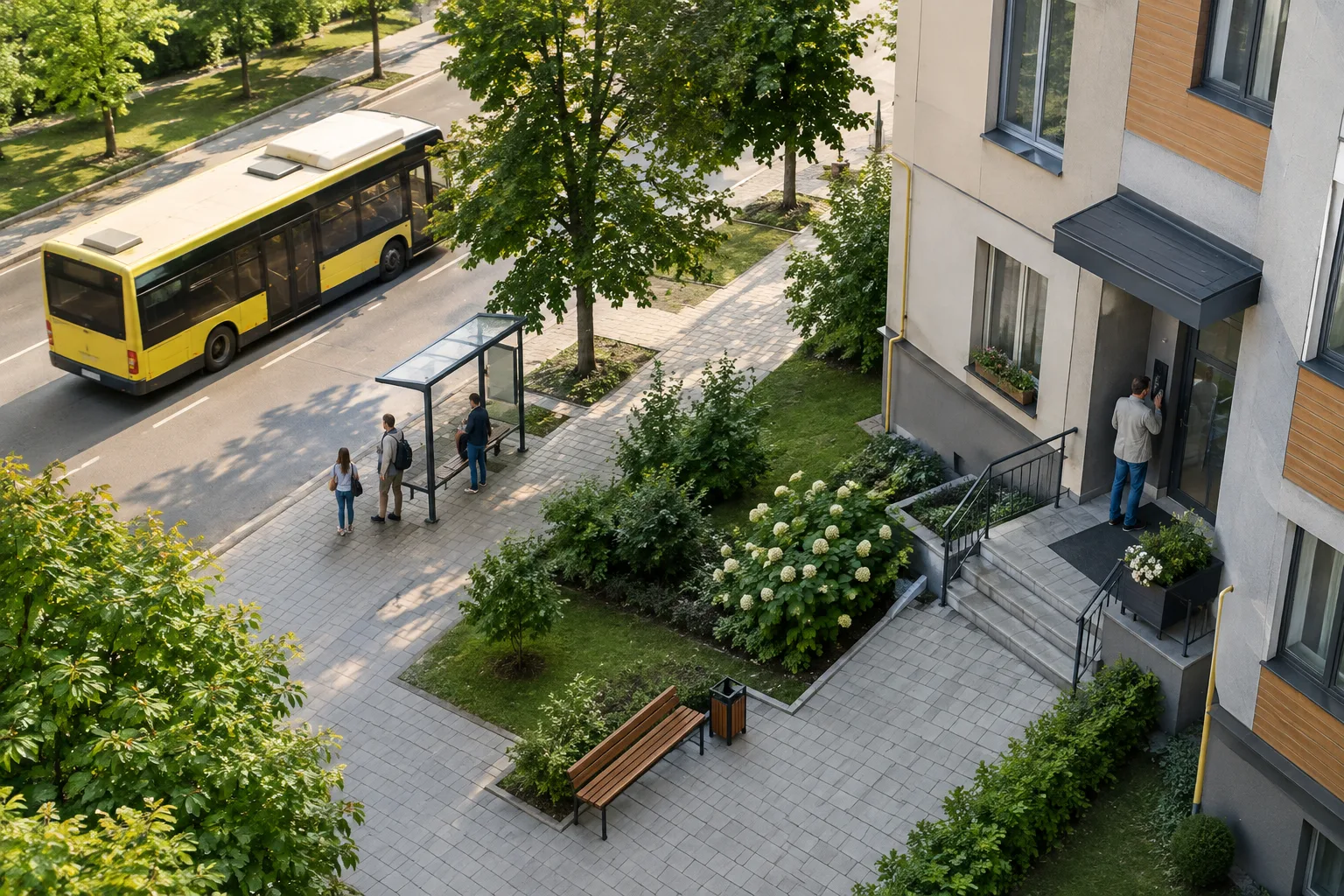 Міський автобус біля зупинки Міський автобус їде вулицею повз зупинку, де чекають пасажири